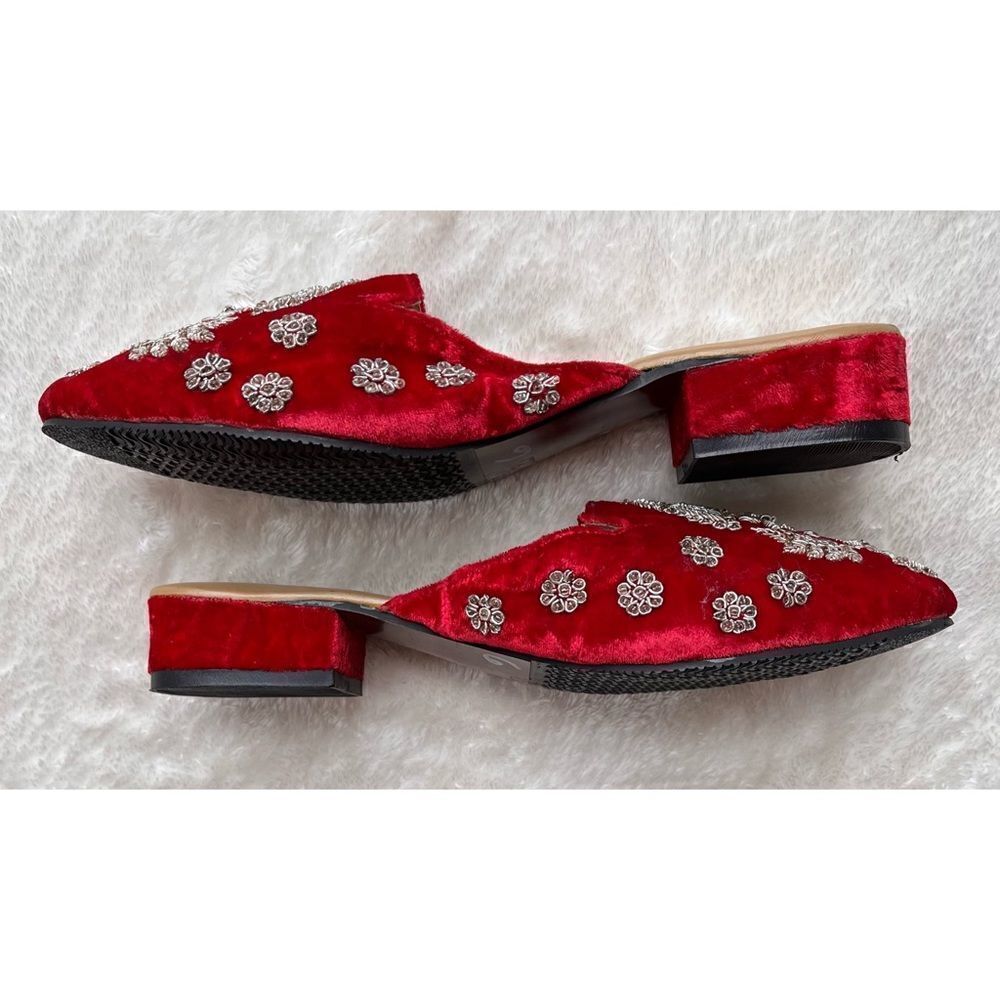 SAACHI Red Velvet Silver Embroidered Custom Made Handmade Mule Slides - Picture 5 of 15